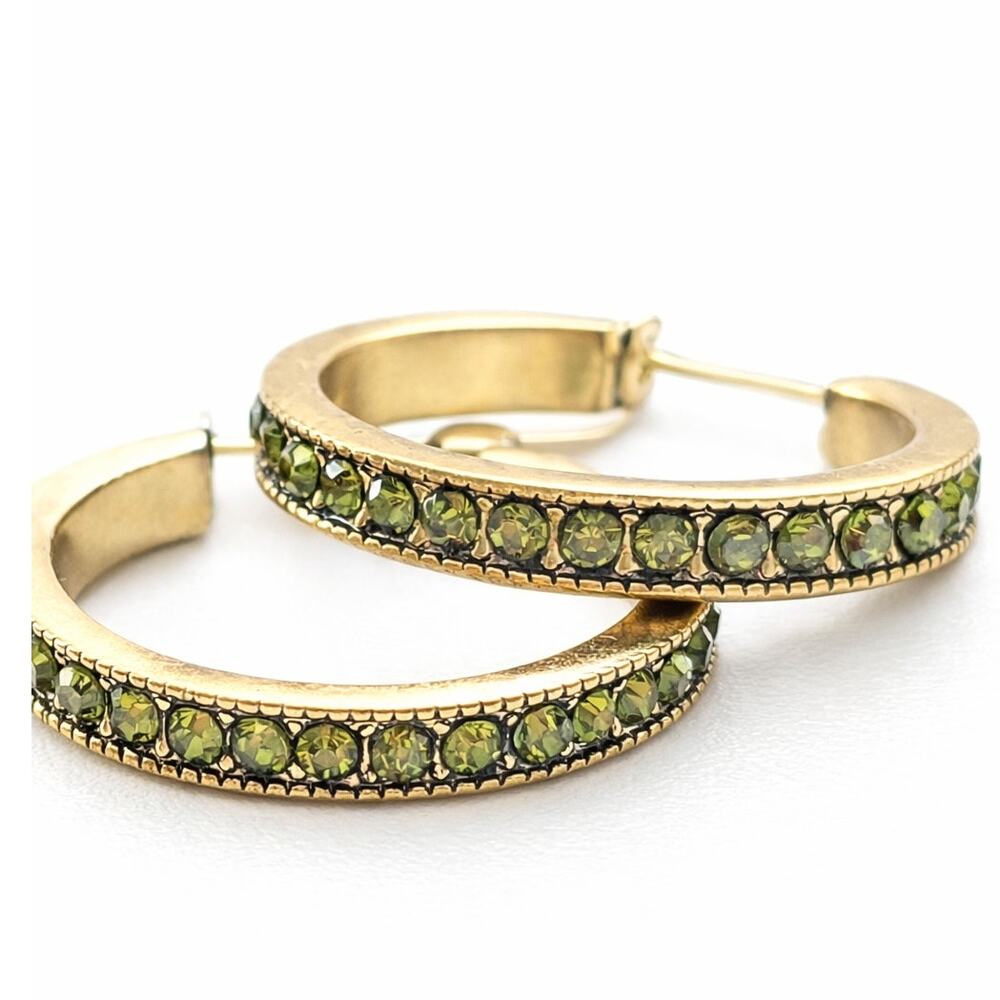 Heidi Daus Green Crystal Gold Tone Hoop Earrings